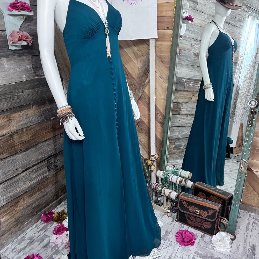 AZAZIE Alaya Spaghetti Strap Maxi Button Front Detail Dress in Peacock💗